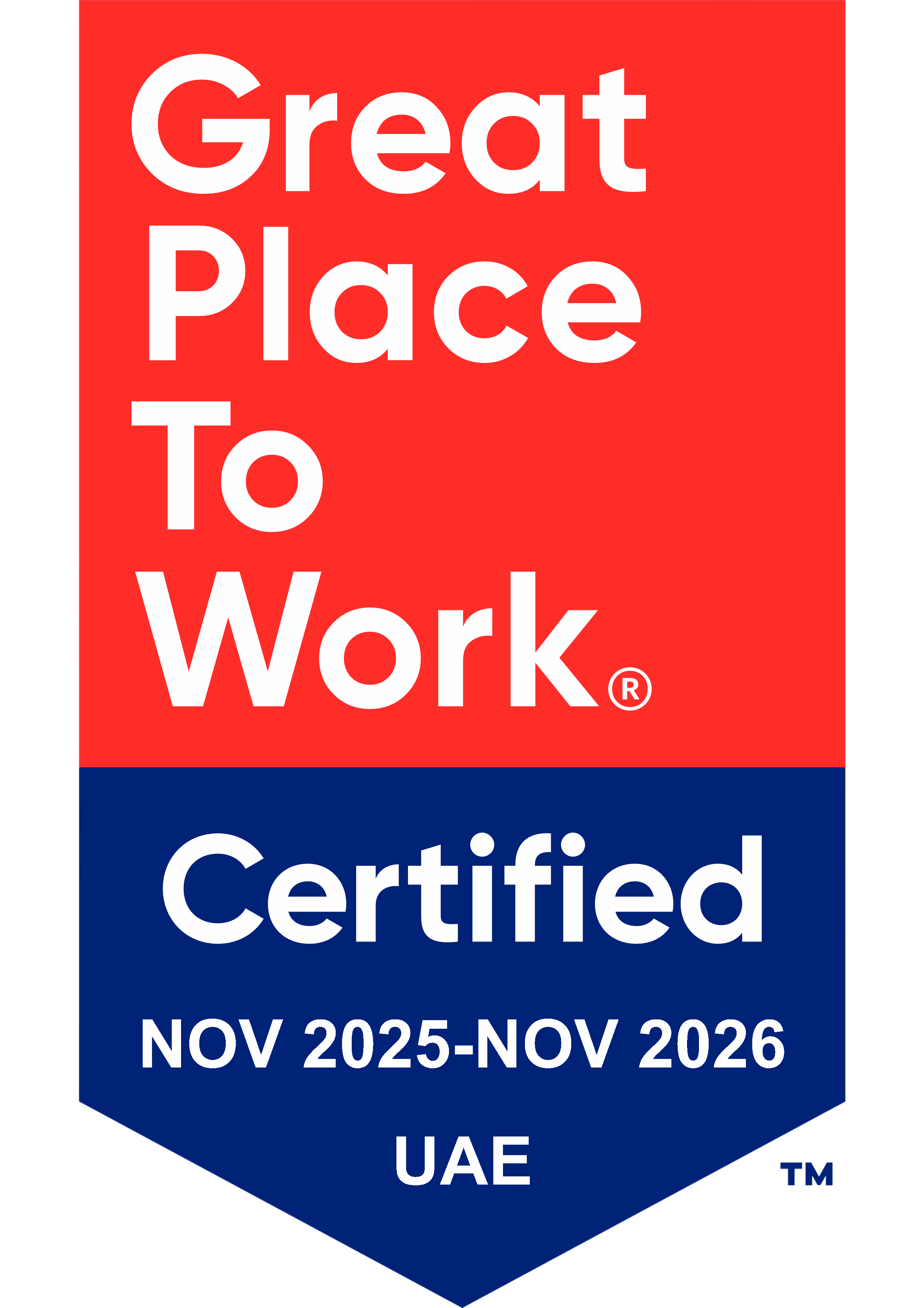 Great Place to Work Certified badge for UAE valid from November 2025 to November 2026, with text on red and blue background.